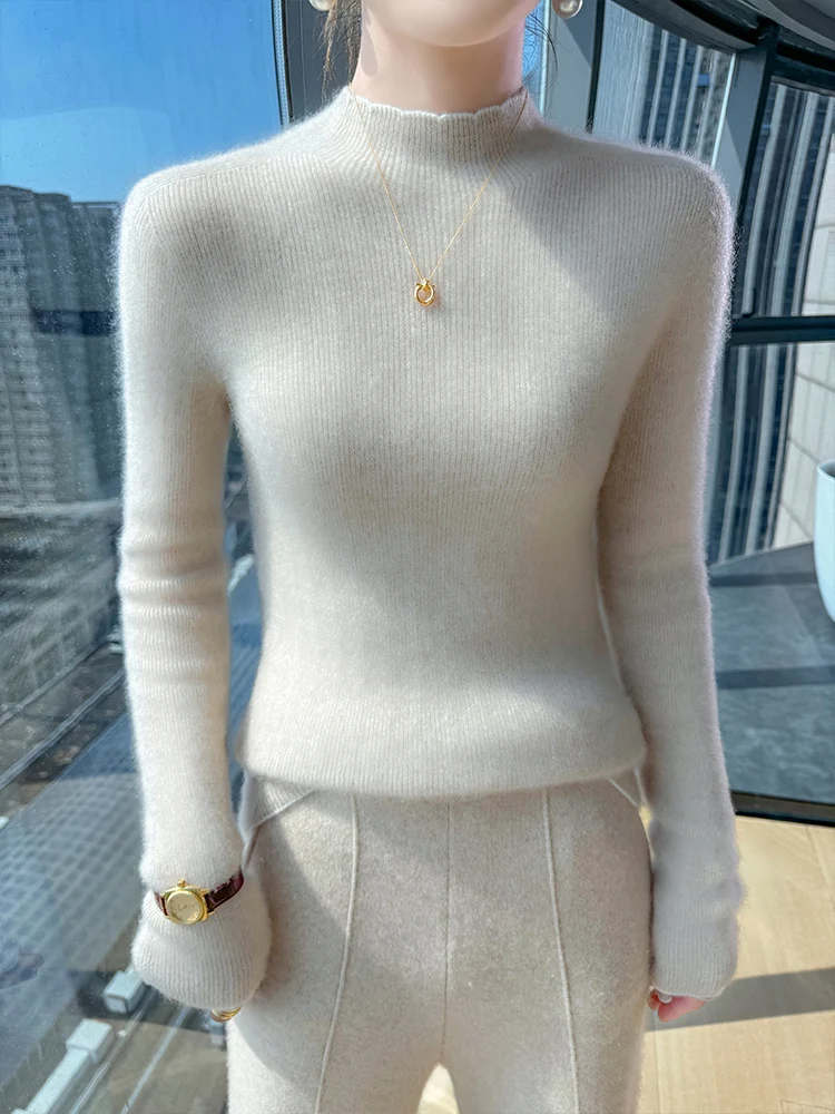 

100% Merino Wool Pullover Autumn Winter Cashmere Sweater Knitwear woman Mock Neck Soild Soft Comfort Basic Staple Tops Versatile