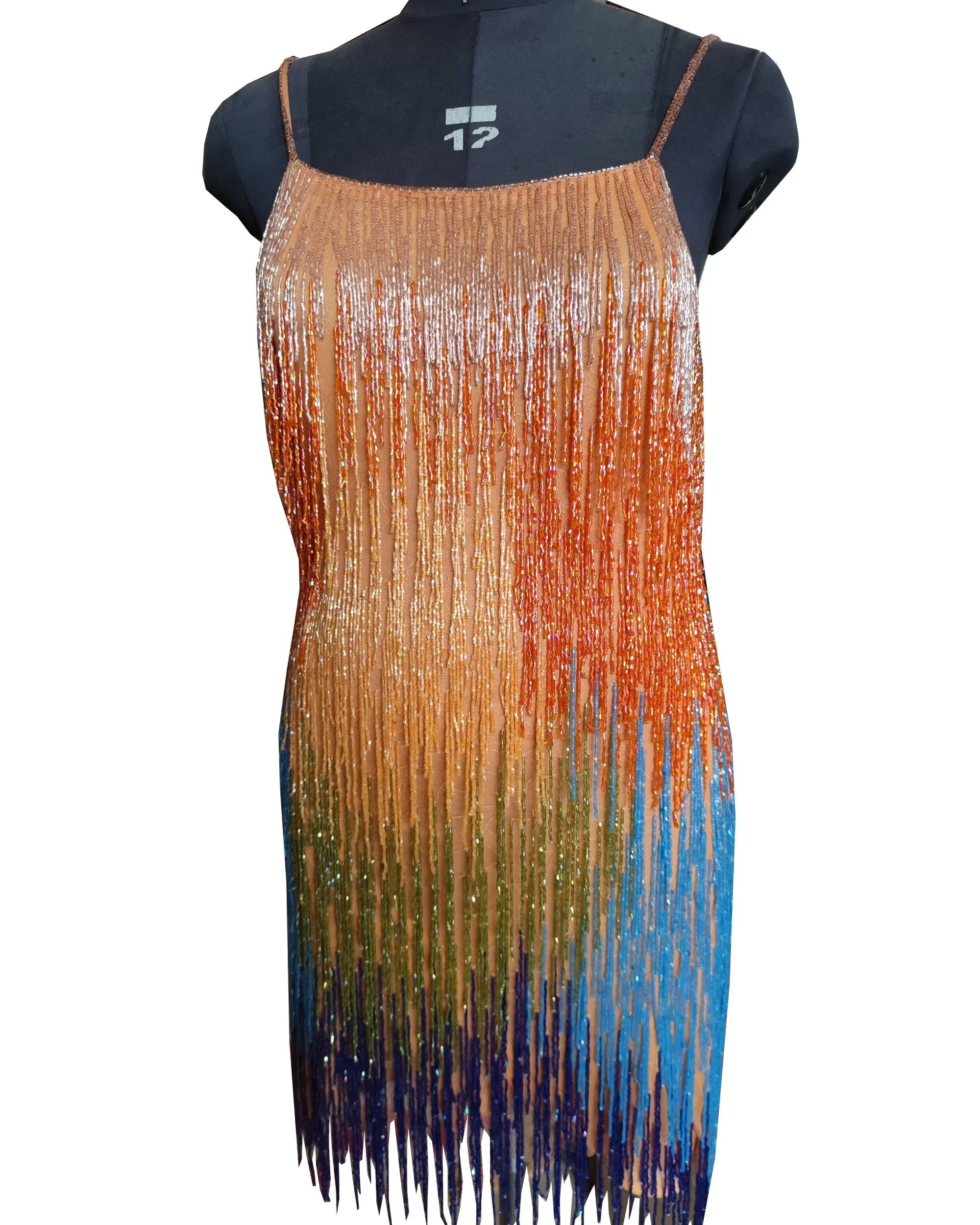 Sexy ultra-stylish shiny Mutley color designer very stylish women fringed, handmade sleeveless ball evening dress