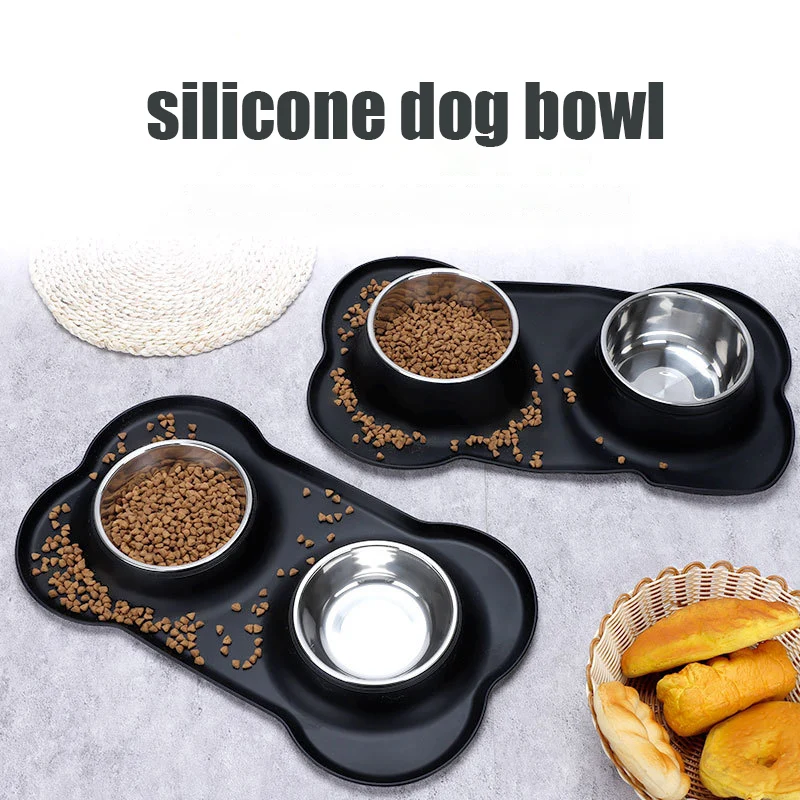 Antislip Double Dog Bowl With Silicone Mat Durable Stainless Steel Water Food Feeder Pet Feeding Drinking Bowls for Dogs Cats