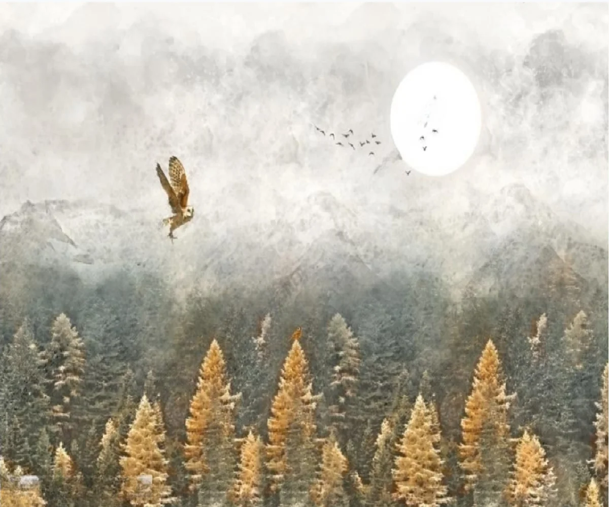 Customized Wallpaper Nordic Nostalgic Hand drawn Misty Forest Flying Birds Photo painting background wall paper home decoration