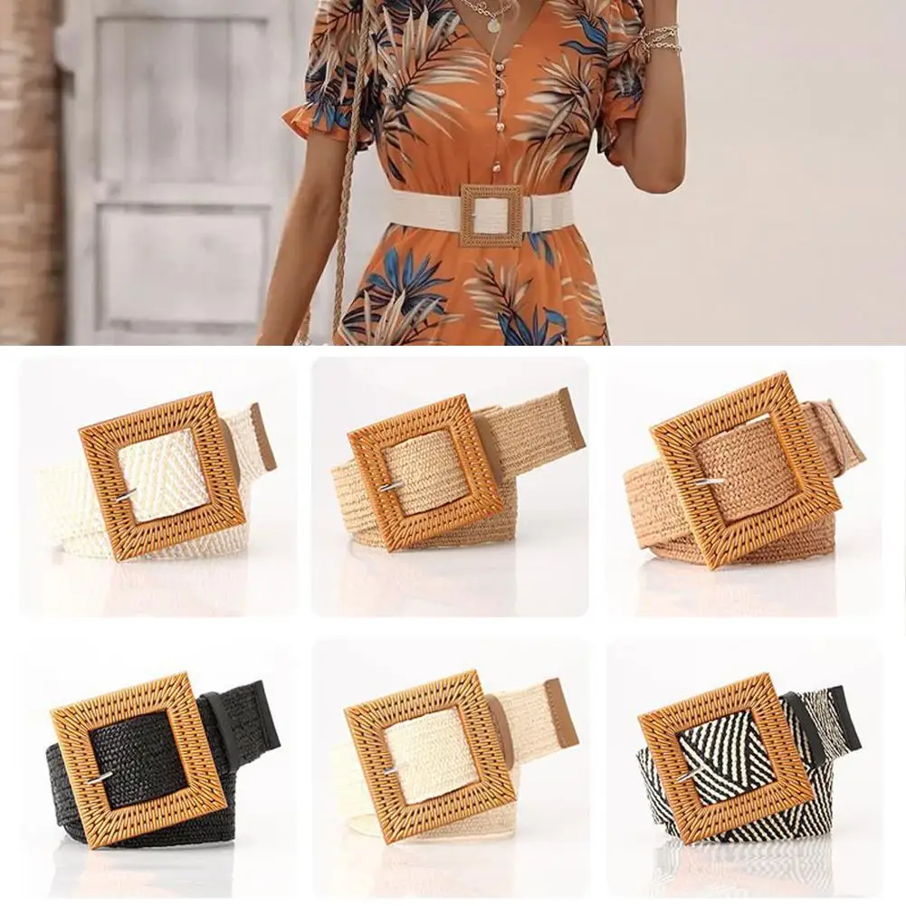 Women Square Wooden Buckle Boho Straw Belt For Daily Decoration Weave Detail Women Belt Girdle For Dress For Summer E1T3