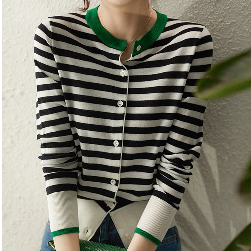 2023 Autumn Winter Clothes Women Casual Striped Knitted Cardigan Long Sleeve Sweaters Mujer O Neck Slim Tops Female Knitwears