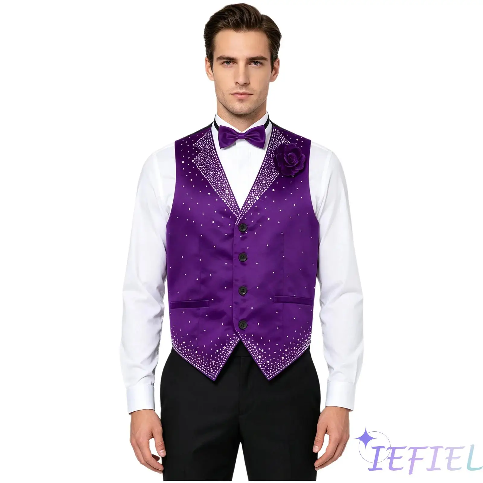 

Mens Formal Rhinestone Vest V Neck Sleeveless Pointed Hem Waistcoat with Bowtie And 3D Flower Brooch for Cocktails Jazz Party