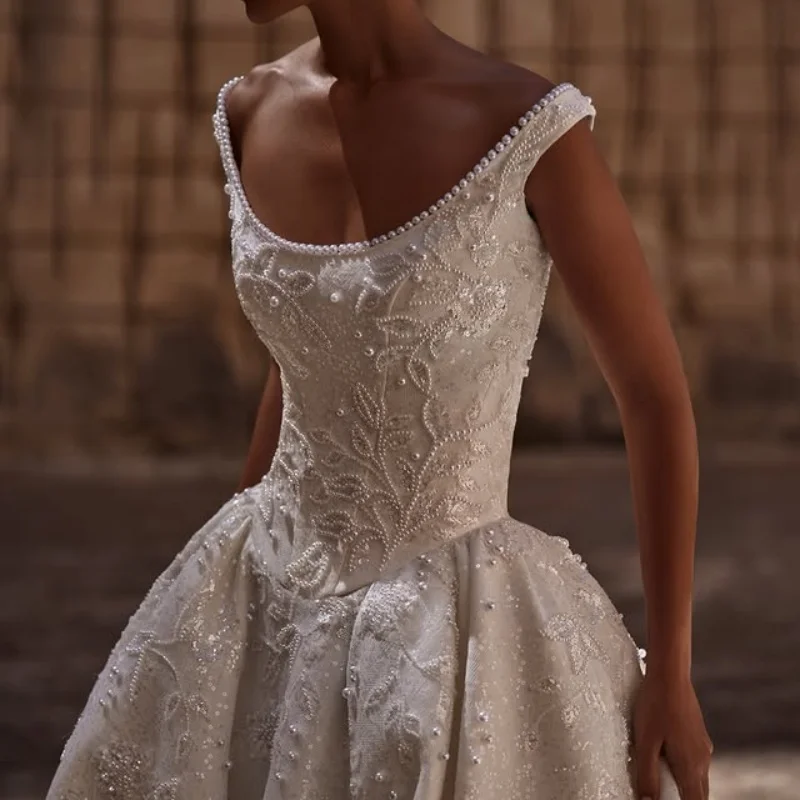 

Блестящие свадебные платья цвета слоновой кости с аппликацией, юбка трапециевидной формы с открытыми плечами, жемчужные бусины, платья, свадебное платье по индивидуальному заказу