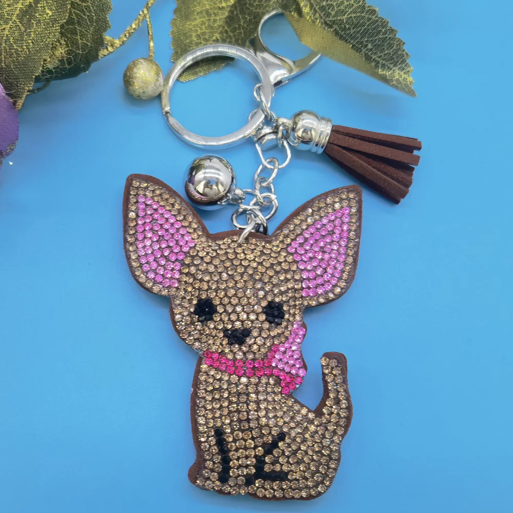 Fashion  Cartoon Chihuahua Dog with Full Crystal Rhinestone Keyrings Key Chains Rings Holder Purse Bag For Car Lovely Keychains