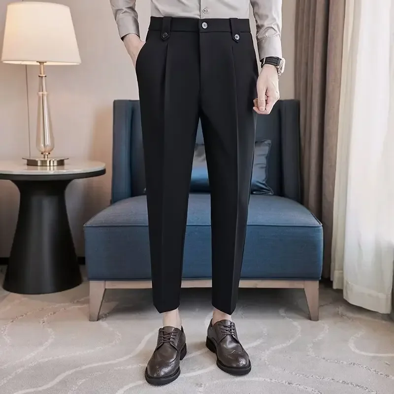 England Men Suit Pants Korean Fashion Business Casual Pants Men Slim Ankle Length Office Trousers Elegant Men Dress Pants Y2k