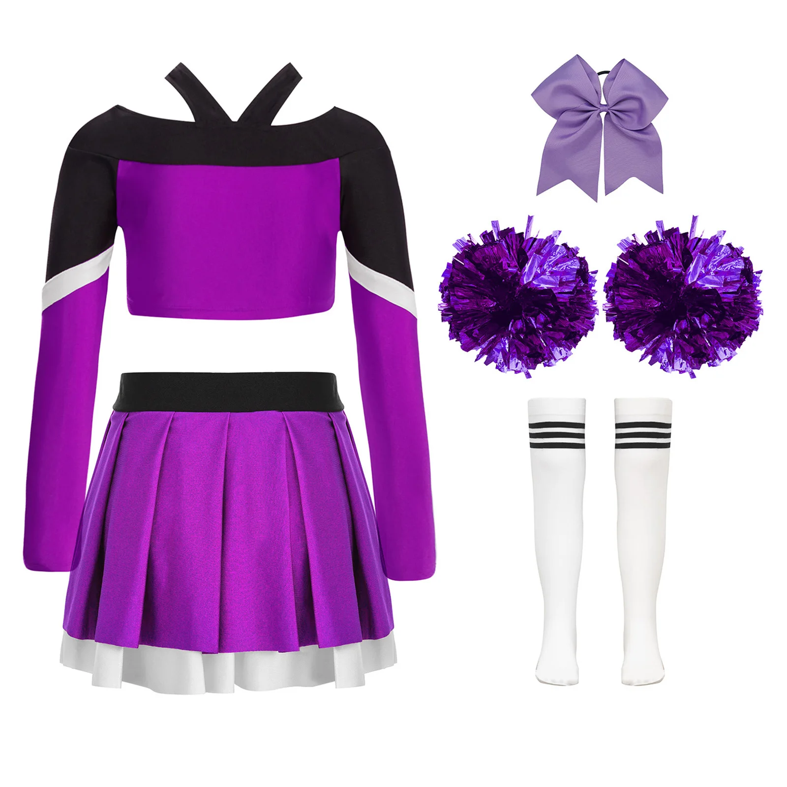 Kids Girls Cheerleading Uniforms School Cheer Dance Outfit Long Sleeve Crop Top with Pleated Skirt 4Pcs Cheerleader Costume