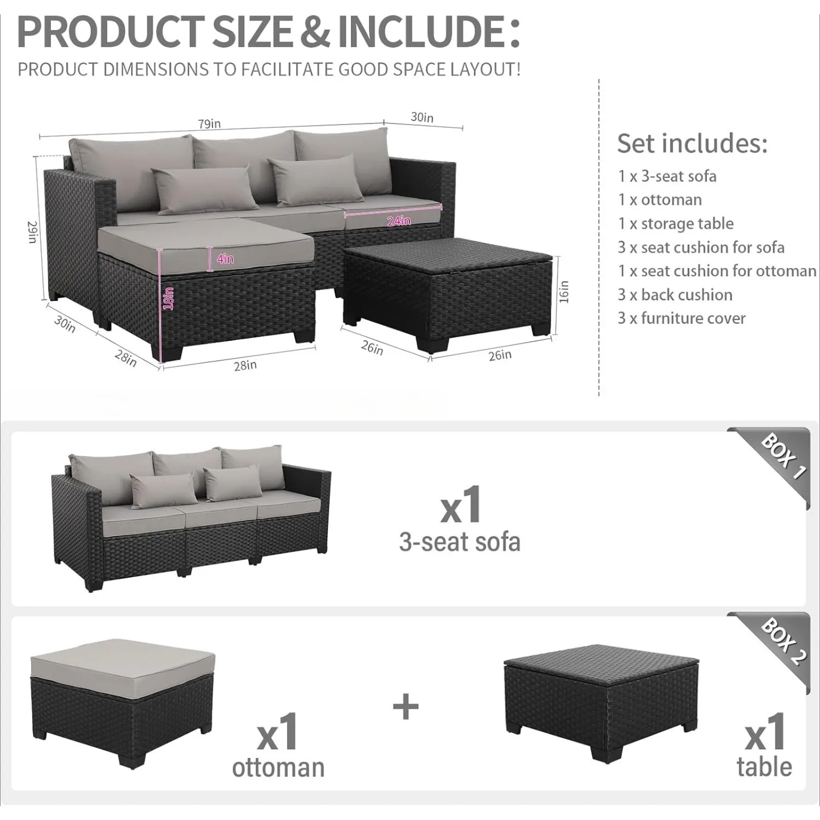 Patio Furniture Set Outdoor Sectional Wicker Patio Furniture Patio Couch with Ottoman and Outdoor Storage Table All-Weather Anti-Slip Cushions Waterproof Covers, Light Grey