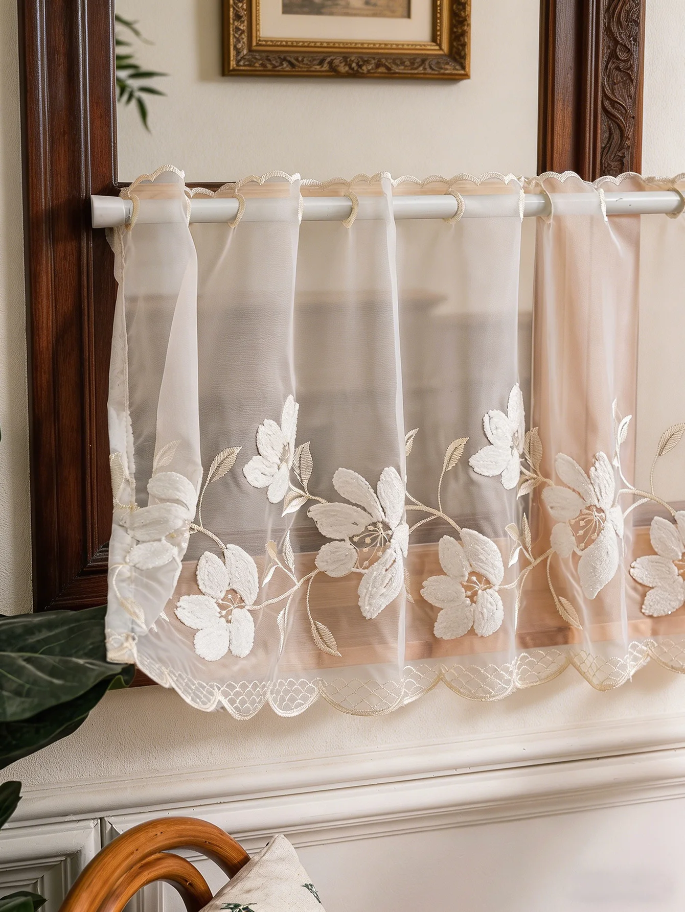 Embroidered Floral Sheer Cafe Curtains - Vintage 3D Flower Half Window Valance for Kitchen