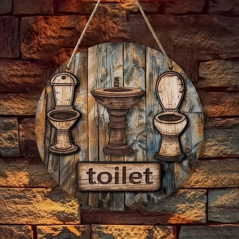 2D One Piece Wooden Disc Toilet with Sink Theme 8 Inch Indoor and Outdoor Decorative Home Garage Cafe Wall Art
