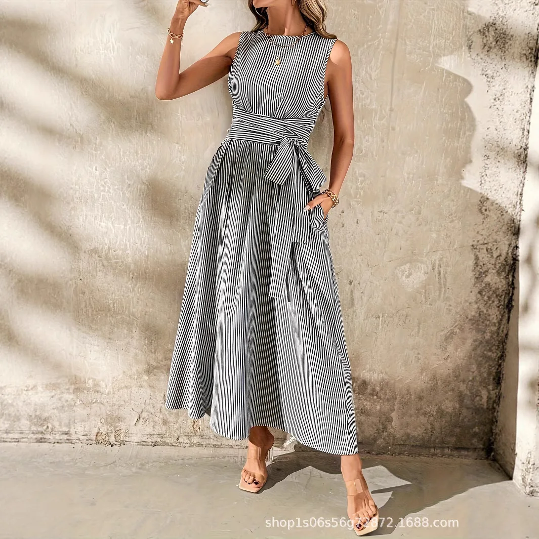 Women's Striped Sleeveless Pocket Casual Dress Dresses Spring Summer Fashion Jumpsuit Playsuit