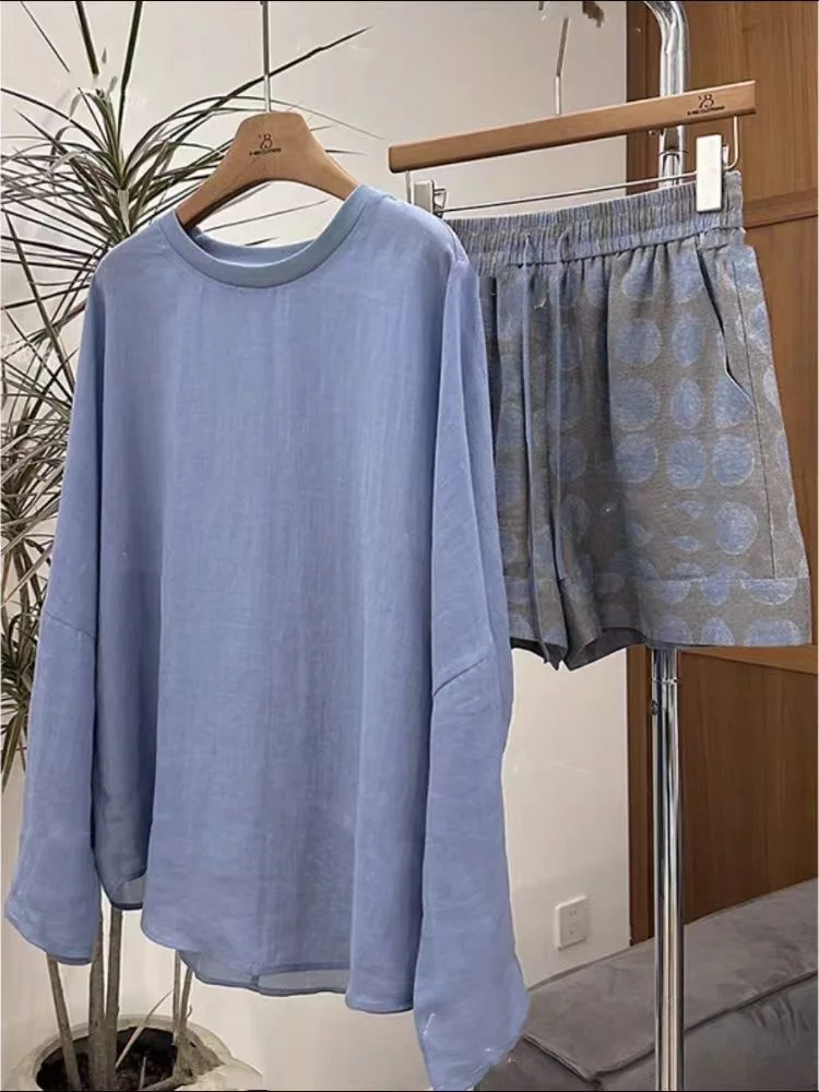 Summer Faion Casual Lino Lungo Sve Top da donna a vita alta Orbs Set in due pezzi Protezione solare Set pullover rotondo Ne