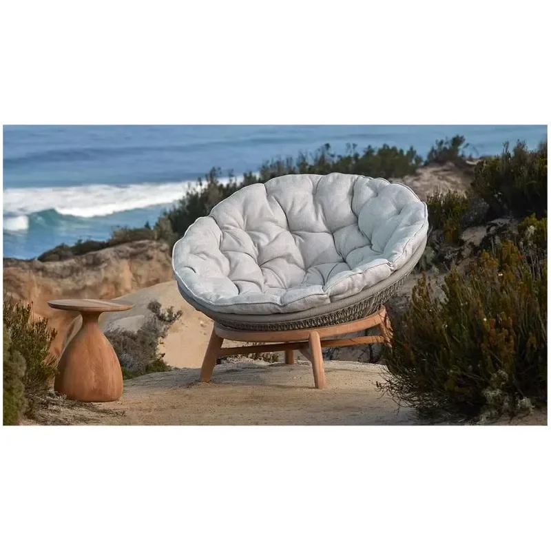 Round Shape Balcony Leisure Outdoor Wood Sofa Furniture Set Rope Weaving Papasan Teak Lounge Chairs