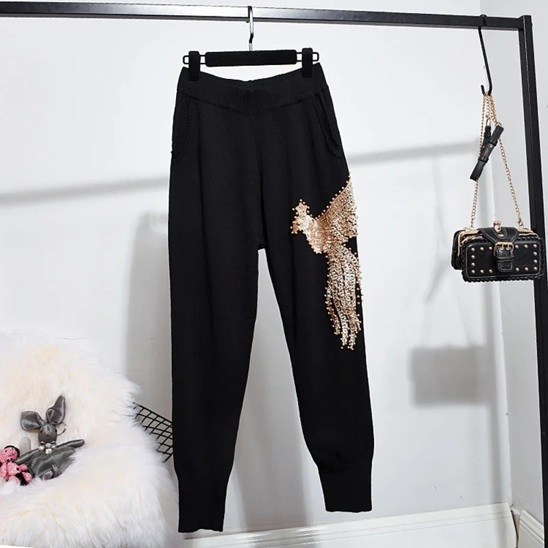 Autumn Fashion White Black Knitted Tracksuit Set Women Manual Beading Sequin Eagle Sweater Pencil Pants Outfits Knit Suit Female