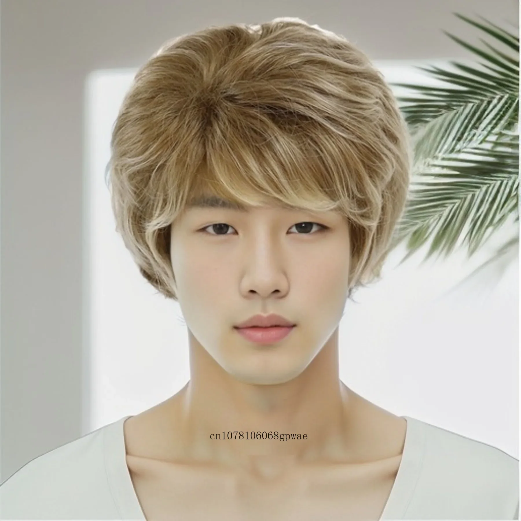 

Men's Short Haircuts Wigs Synthetic Layered Highlight Mix Blonde Hair Wig with Bangs for Male Heat Resistant Daily Cosplay Party