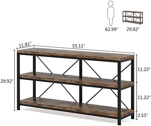 Inches Long Sofa Table with Storage Shelves, 3 Tiers Industrial Rustic Console Table with Open Shelves, Three Decorative Shel