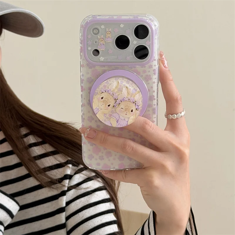 

Cute Floral For MagSafe Phone Case For iPhone 14 15 16 17 Pro Max INS Aesthetic Clear With Bunny Grip Protective Cover