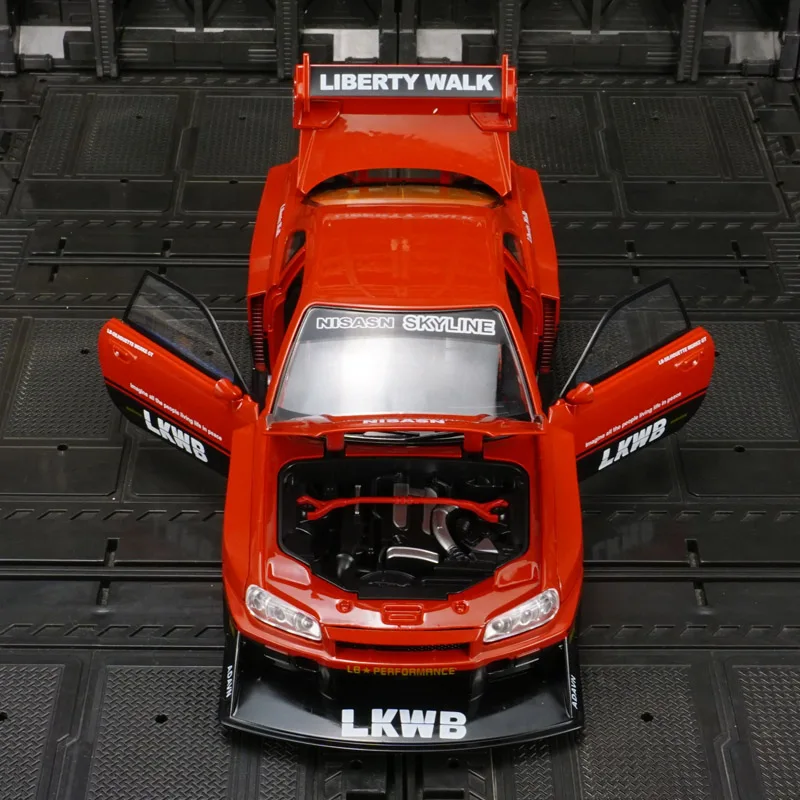 1:24 Nissan GT-R34 Skyline puertas de modelo de coche de aleación y tapa de motor, el maletero se puede abrir tiene funciones de sonido y iluminación simuladas