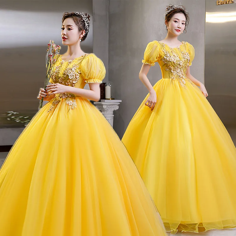 

2024 New Bubble Sleeved Princess Dress, Host Business Performance Puffy Skirt, Yellow Slim Fit Mesh Skirt