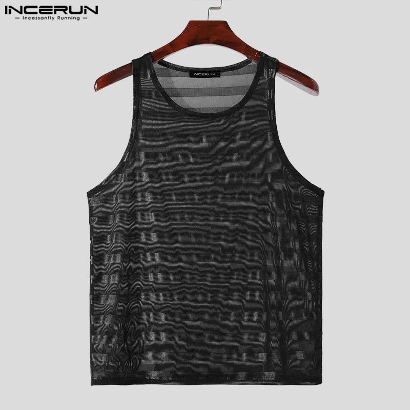 INCERUN Men Tank Tops Mesh Striped O-neck Sleeveless Transparent Male Vests Summer Streetwear 2024 Fashion Sexy Men Clothing