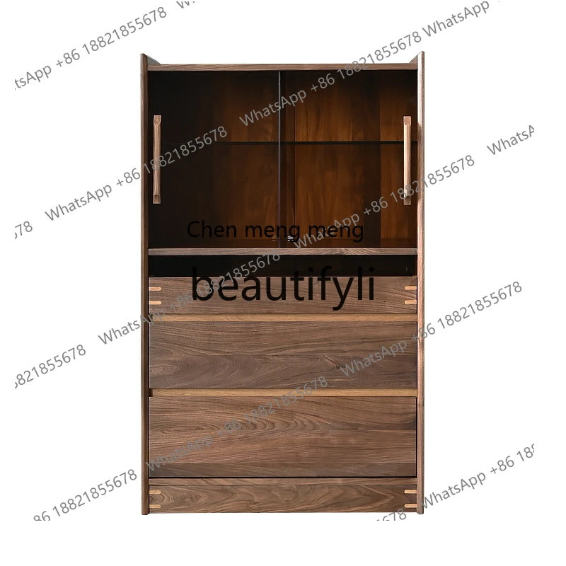

North American black walnut chest guest restaurant tea locker glass door display storage side cabinet H