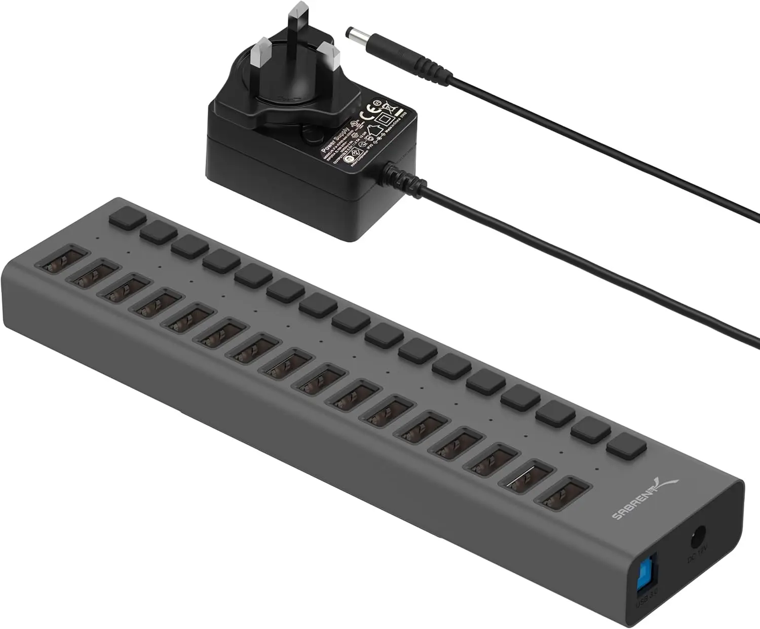 

16-Port USB 3.0 Hub with Individual Power Switches and 90W High-Power Output for Fast Data Transfer