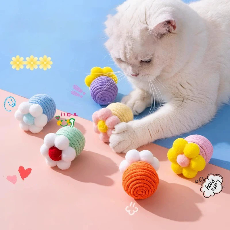 

6 Pcs Colorful Handmade Cat Ball Toy with Bell Lovely Flower Shaped Elastic Sisal Indoor Interactive Kitten Toy Gato Accesorios