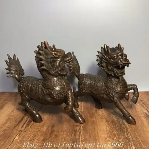 old China bronze Feng Shui wealth Lucky animal Kylin Chi-lin Qilin Beast statue