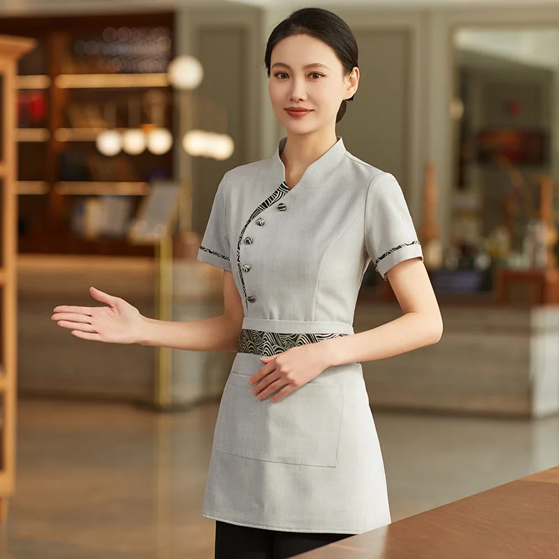 زي عمل النادل في بيت الشاي بأكمام قصيرة لمطعم الفندق وعاء ساخن مطعم صيني ملابس عمل صيفية للجنسين