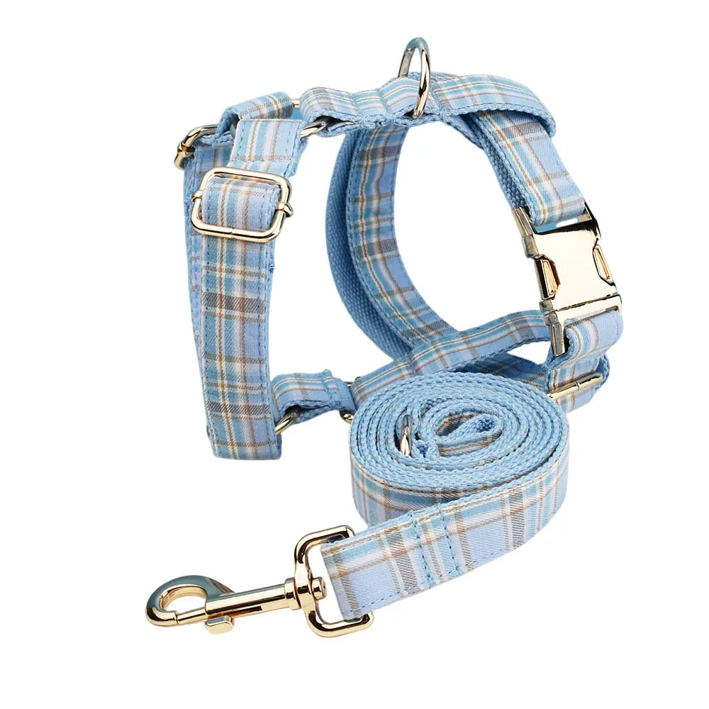 Sky blue plaid dog ring  rope bow three-piece set, dog chain anti-break free cross-border  walking chain