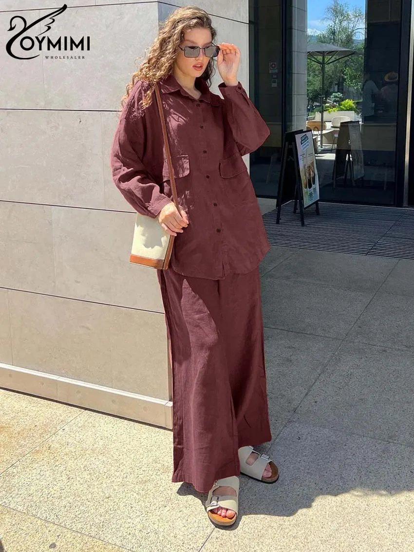 Oymimi Elegant Rusts Red Cotton Women 2 Piece Set Outfit Casual Lapel Long Sleeve Pockets Button Shirts And Simple Pants Sets