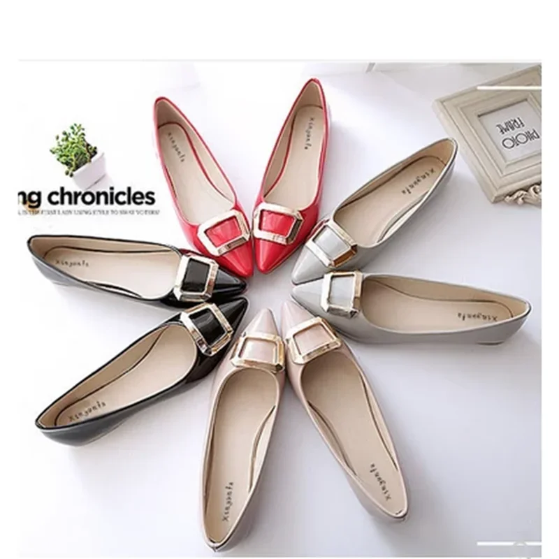 Female Vintage Pointy Toe Plus Size 33-48 Flat Heels Women Metal Buckle Slip-Ons For Party Stiletto Lovely Shoes Grey Red Beige
