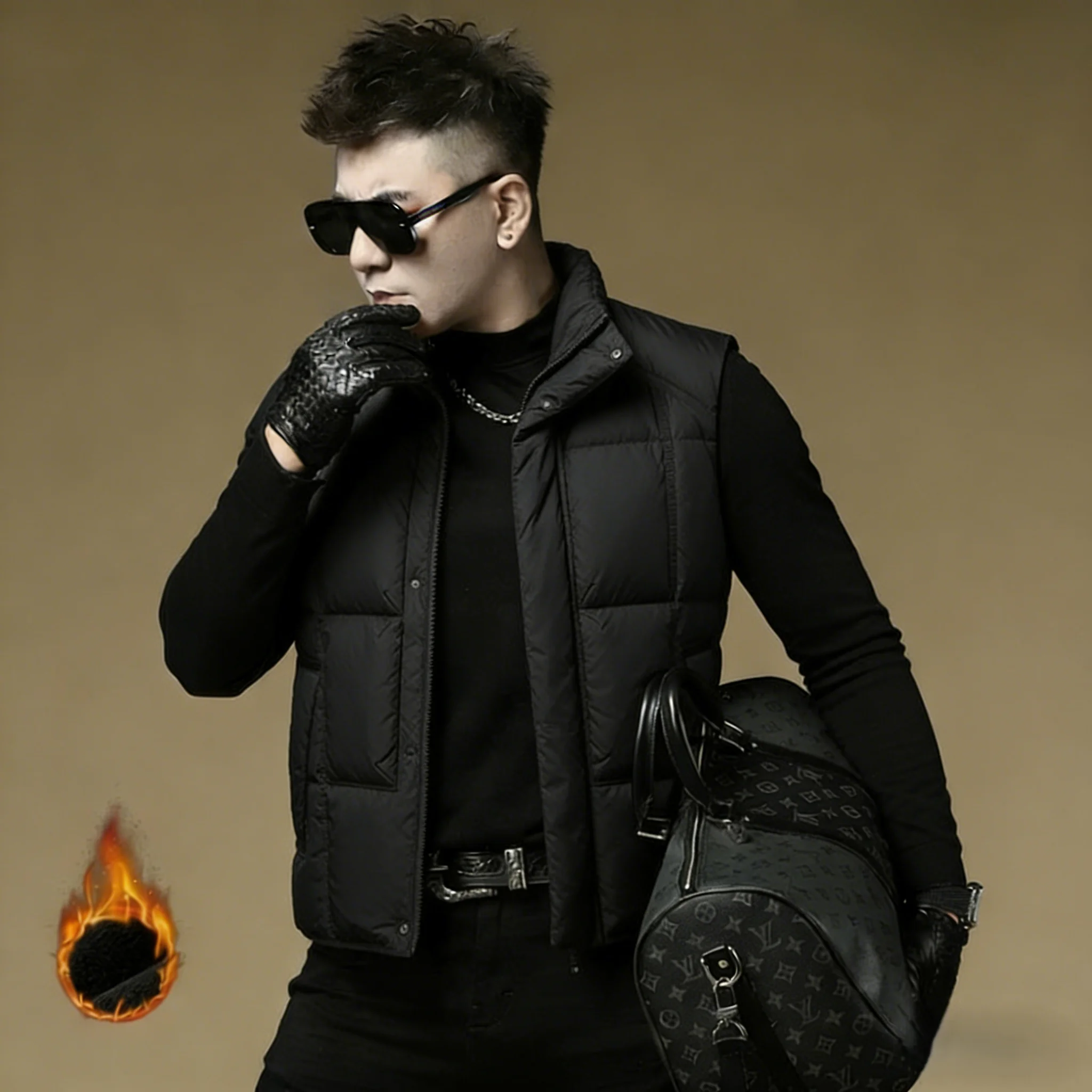 

Men's down Vest Thi Warm Loose Outerwear Trendy Bla Stand Collar Jaet Youth Culture Polyester Fiber White Du down