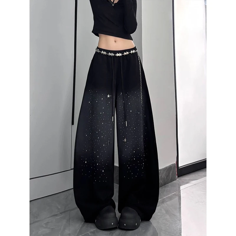 

Glittering Rhinestone Starry Sky Gradient Loose Women's Jazz Dance Jeans Knife-Shape Waist Design Spring Summer Denim Trousers
