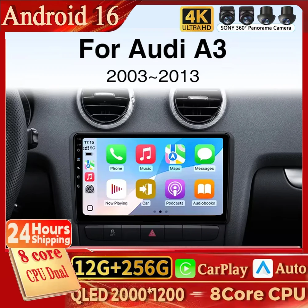 Android 16 Carplay For Audi A3 8P 2003 - 2013 Car Radio Multimedia Video Player Navigation GPS Head Unit WIFI RDS 4G BT WiFi