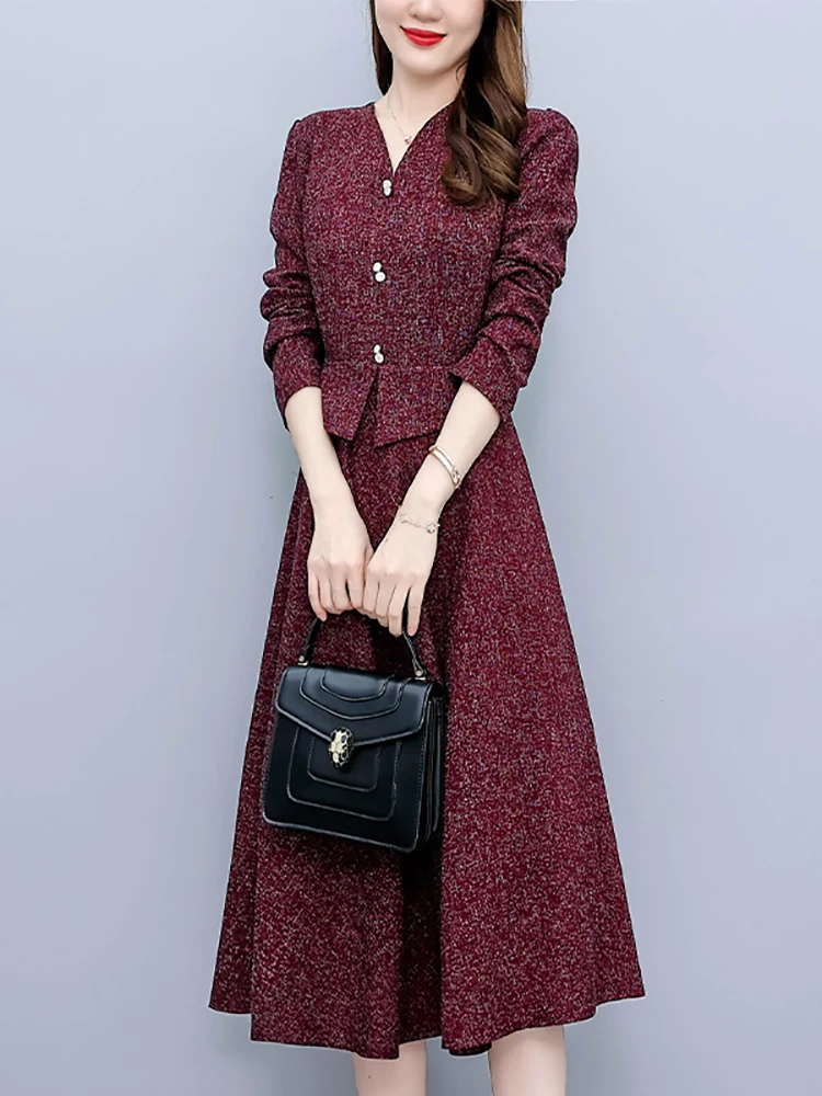 Women Elegant Bodycon Midi Vestidos Autumn Winter Woolen Thick Warm Party Night Dress 2024 Korean Fashion Luxury Chic Prom Dress