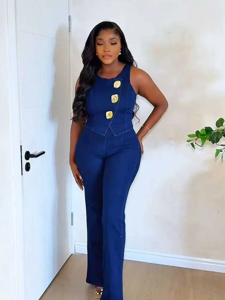 

Женская одежда, комплекты из двух предметов, летняя женская одежда, джинсовый топ без рукавов на молнии и брюки, шикарные повседневные элегантные комплекты для женщин