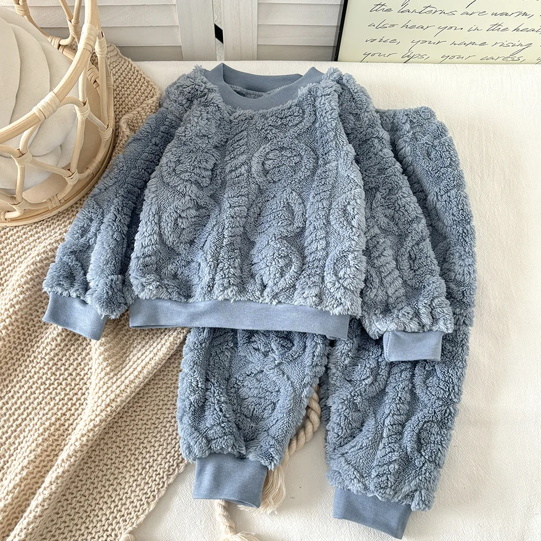 Kids Korean Style Flannel Pajamas Autumn Winter Thickened Plush Home Wear Soft Warm Thermal Loungewear Casual Sleepwear Sets