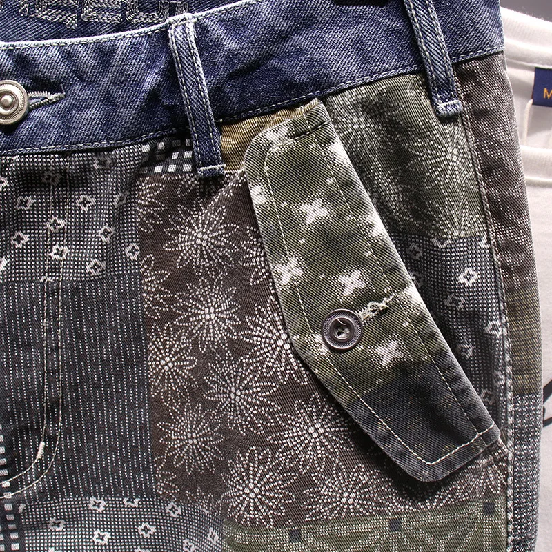 Trendy Paisley Denim Shorts Heren Zomer Casual Hiphop Modemerk Afdrukken Vijfde Broek Straat Multi-Pocket Middenbroek