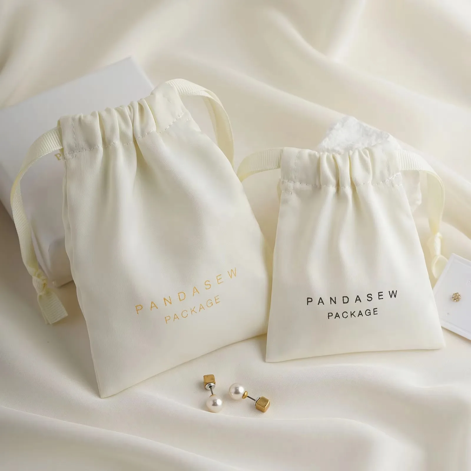 Custom Logo Luxury Beige Dense Silk Satin Bag Jewelry Package Gift Pouch Drawstring Bag For Earring Ring Necklace Gift Packaging