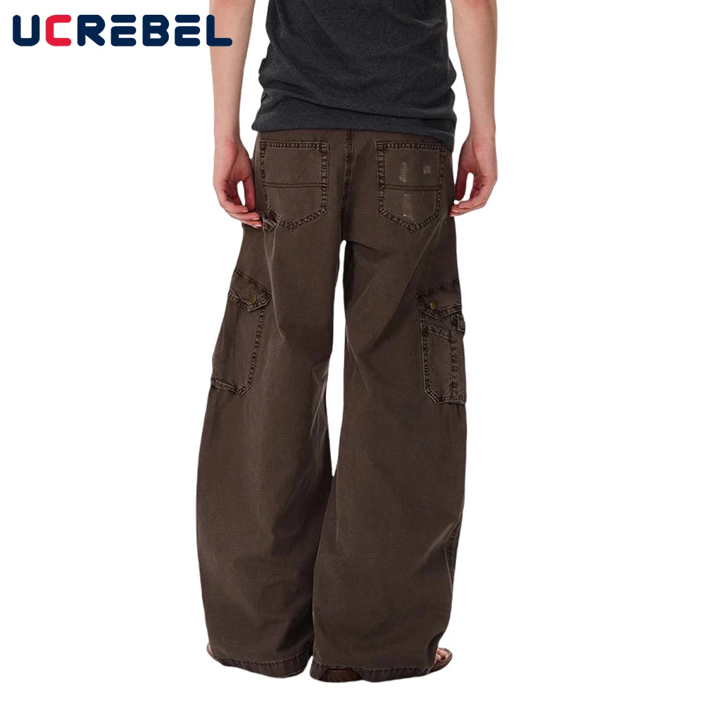 Celana Kargo Tinta Percikan Retro Celana Kaki Lebar Kaki Lurus Longgar Banyak Saku High Street Pria Celana Panjang Pria