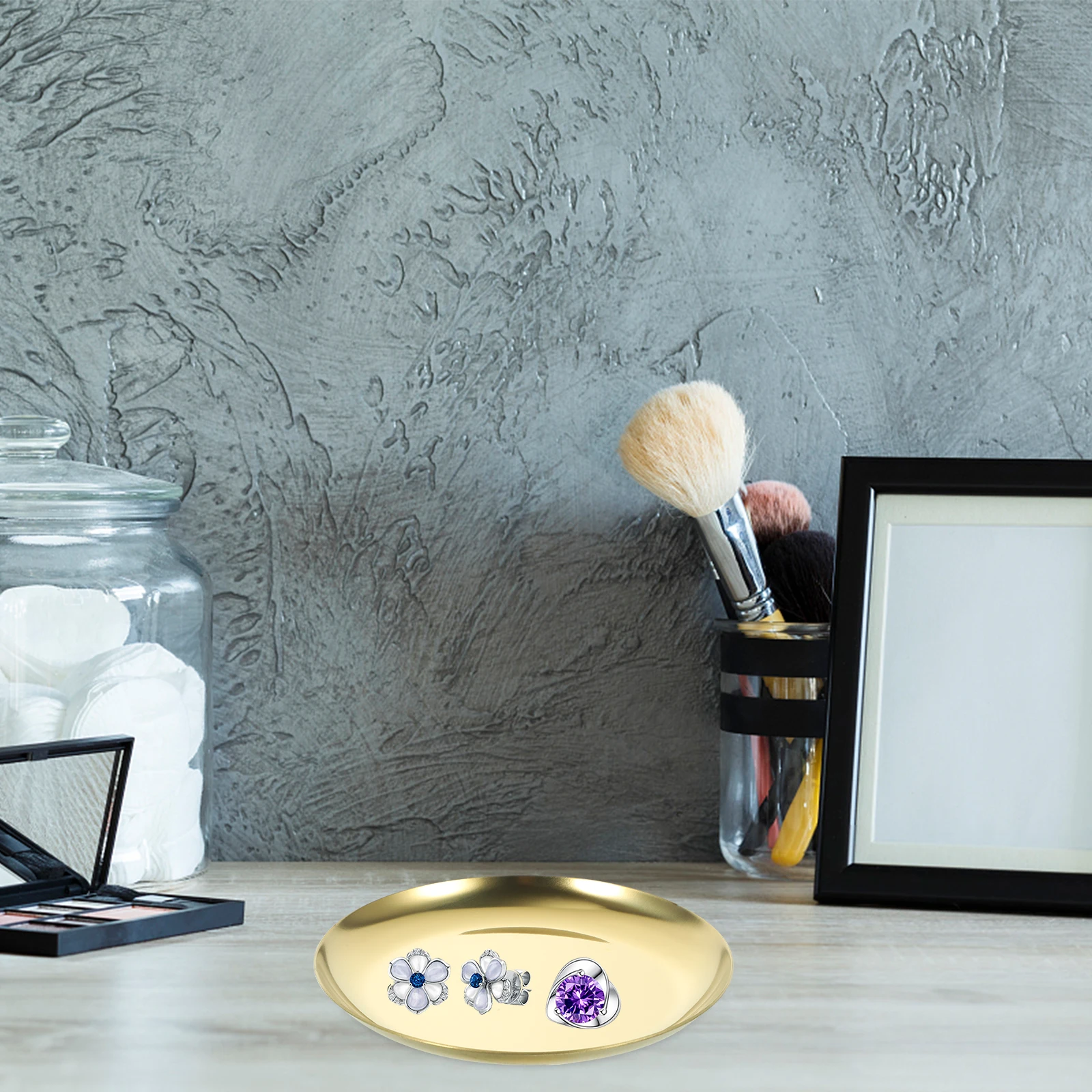 Plateau à bijoux rond en acier inoxydable, porte-anneau en métal pour bureau, organisateur de rangement de bijoux, plat à bibelots décoratif de Style nordique