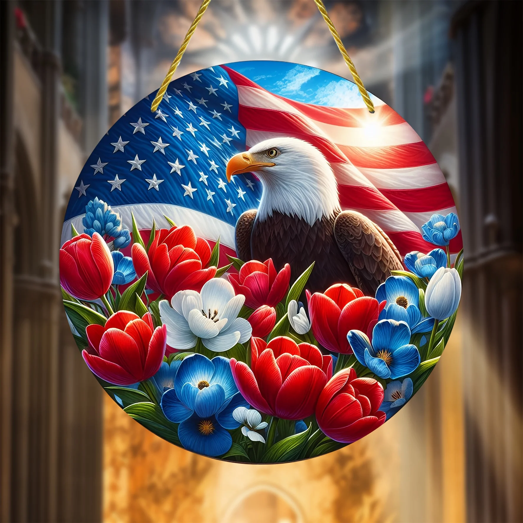 Independence Day Suncatcher,Patriotic Eagle And Flowers With American Flag 4th Of July Flowers,porch,Wall, Home,Room Decor