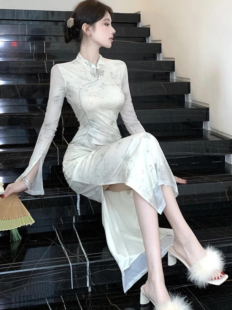 Women Print Mesh Beading Stand Collar Long Dress 2025 Korean Vintage Luxury Evening Dress Autumn Winter Elegant Bodycon Vestidos