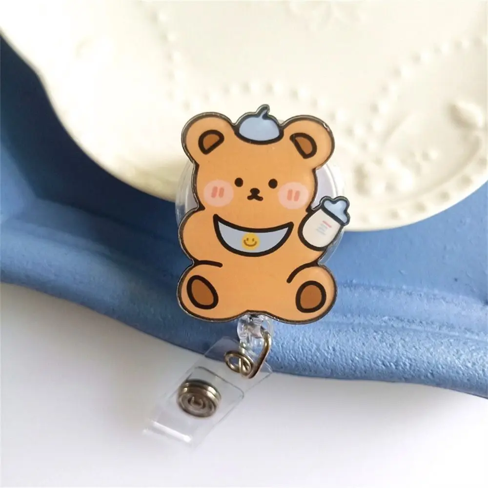 Cute Bear Retractable Badge Reel Chest Card Work Card Clip Nurse Badge Holder Cartoon Acrylic ID Card Clips Hospital Use