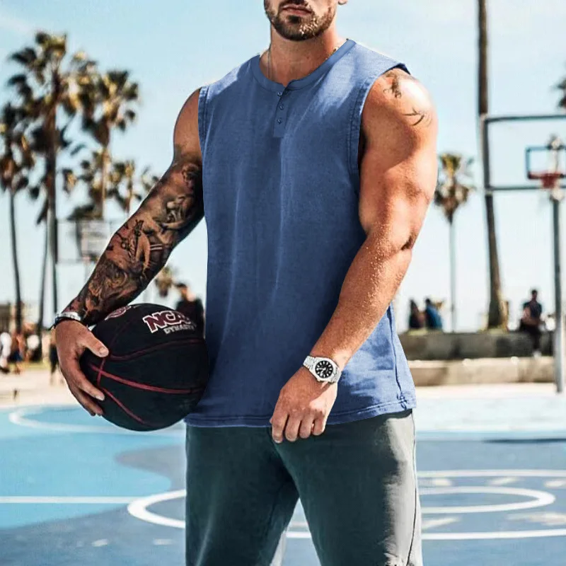 Man\'s Henry collar Vest Summer male Casual Tank-top Sports Sleeveless Top Cotton Fitness Flower Print Solid Color Mens Clothes