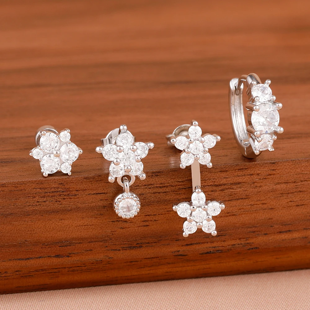 4-teiliges/8-teiliges Set französischer Design-Zirkon-Doppelblumen-Ohrhänger für Damen, geometrische Creolen, koreanischer Modeschmuck – Detail 8