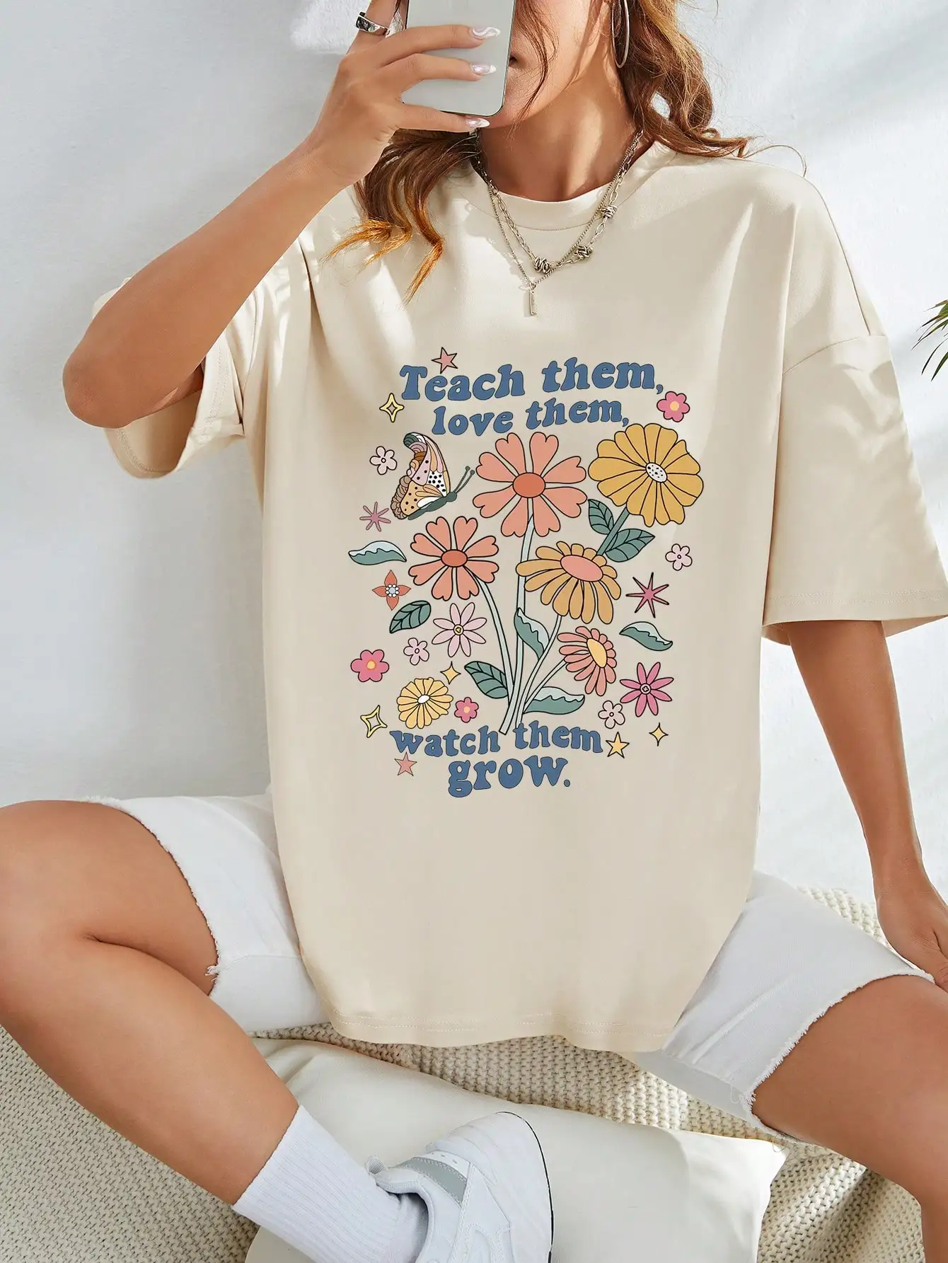 Teach Them Watch Them Grow Butterflies And Flowers T-Shirt Women Street Summer Tshirts Cotton Tee Clothing Casual Short Sleeve