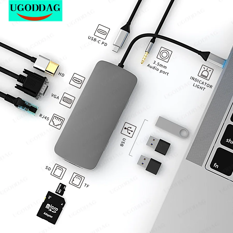 USB Type C HUB 10 In 1 USB 3.0 5Gbps HDMI 4K VGA RJ45 1000Mbps พอร์ต PD SD/บัตร TF Reader Aux Converter สำหรับ Macbookpro