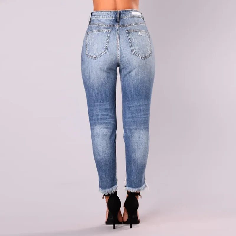 Jeans for Female Summer Hole Tassel Tight Elastic High Waist Thin Denim Pants